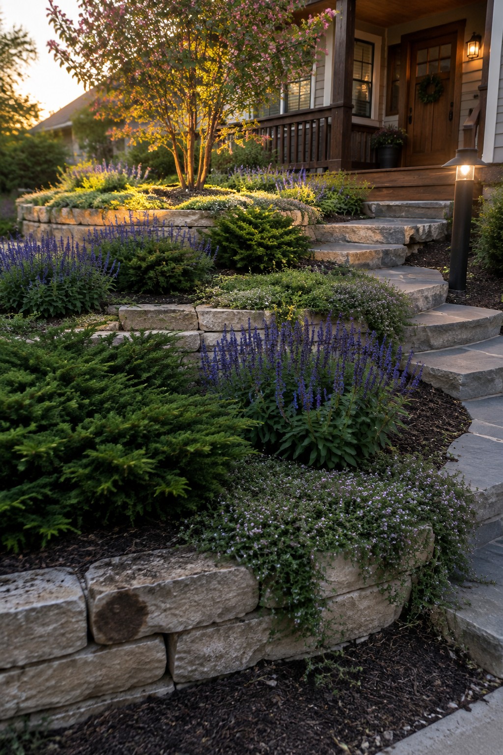 Stone steps ascend through terraced beds of purple flowers and shrubs to a wooden porch.