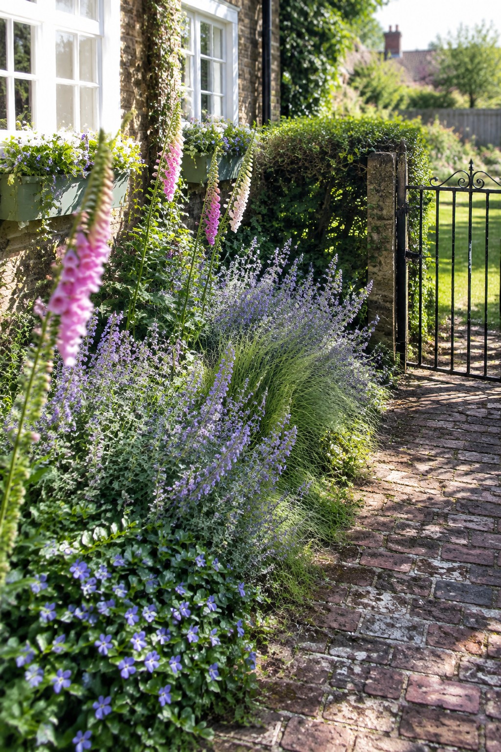 A brick path runs beside a brick house with layered foundation plantings of tall pink and white foxgloves, purple flowering shrubs, and low blue ground cover next to a black metal gate.