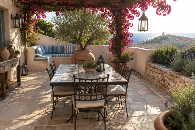 17 Charming Mediterranean Roof Garden Ideas Using Terracotta Containers A Mediterranean-style stone terrace features a blue-tiled dining table with black metal chairs, multiple terracotta pots holding plants and an olive tree, a built-in bench, and a wooden pergola draped in pink bougainvillea overlooking the sea.