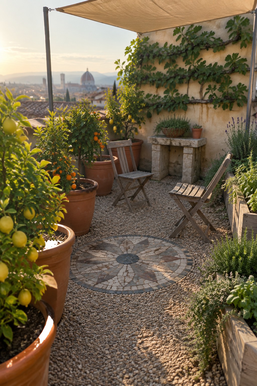 A rooftop terrace with terracotta pots of citrus trees on gravel, wooden folding chairs, and a city view with a domed building in the distance.
