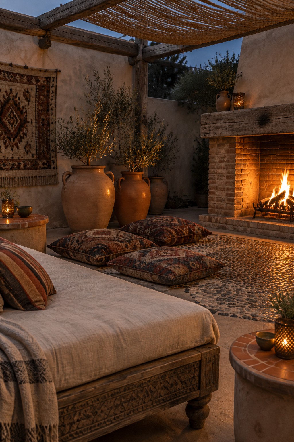 A covered outdoor patio at dusk featuring large terracotta pots with greenery, a lit stone fireplace, patterned floor cushions on a wooden bench, and a pebble floor under a woven canopy.