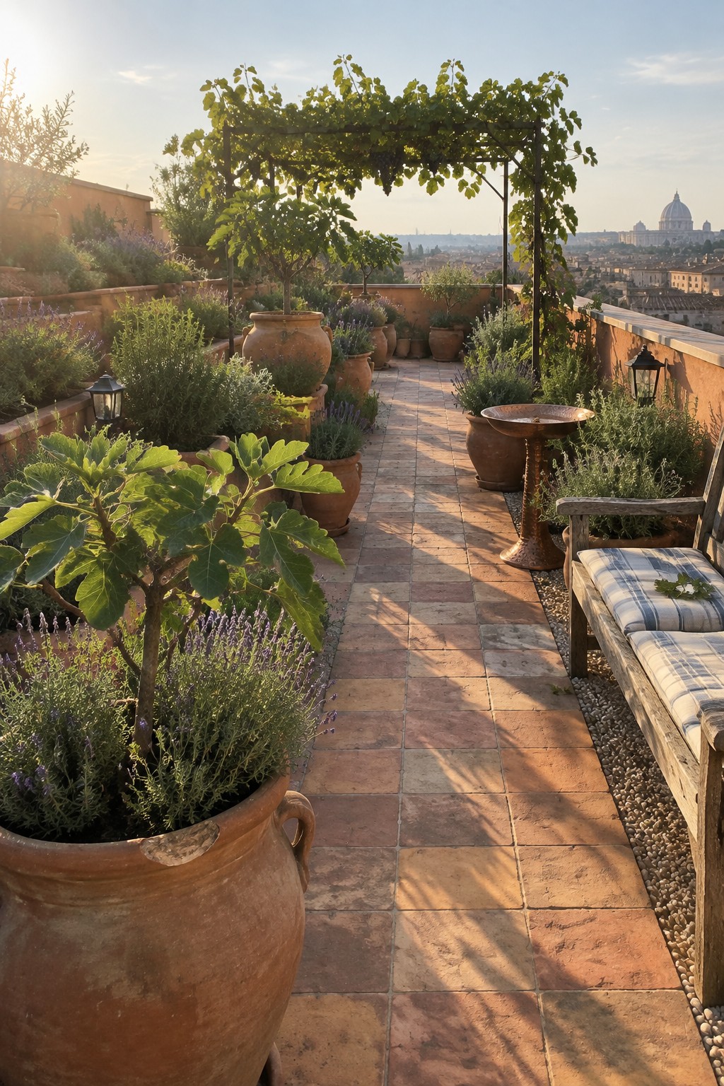 Sunny rooftop terrace with terracotta pots, plants, pergola, bench, and distant city dome.