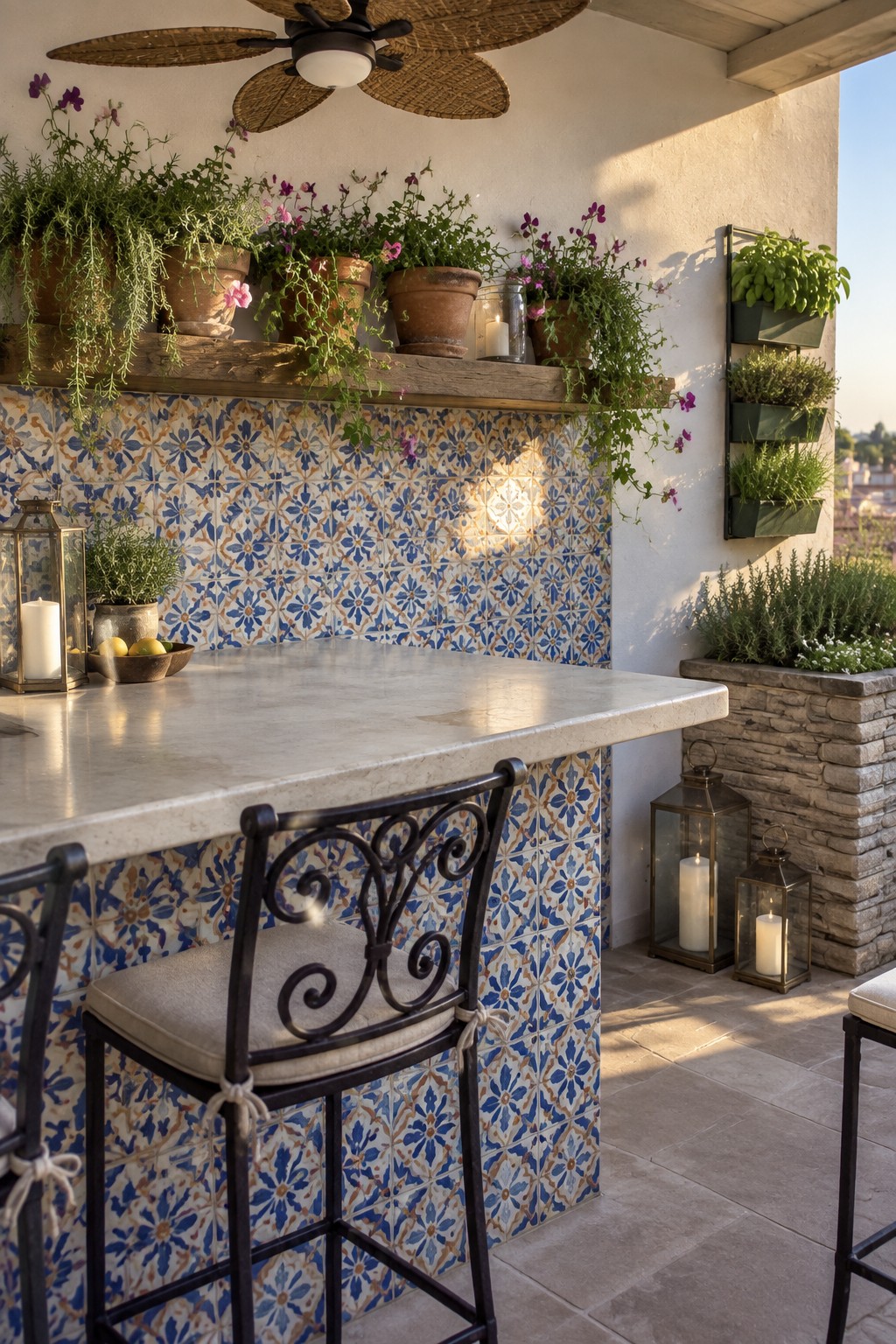 An outdoor bar counter with a marble top, black metal stools, blue patterned tile on the wall, and terracotta pots with plants arranged on a wooden shelf above the counter.