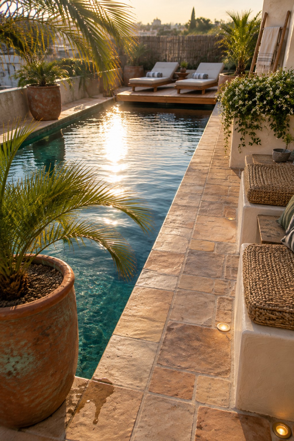 Sunlit narrow pool on stone terrace with lounge chairs, potted palms, and woven seating