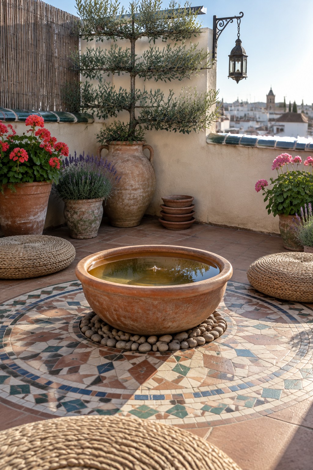 A large terracotta bowl filled with water rests on a mosaic tiled terrace, surrounded by potted plants and woven seating cushions.