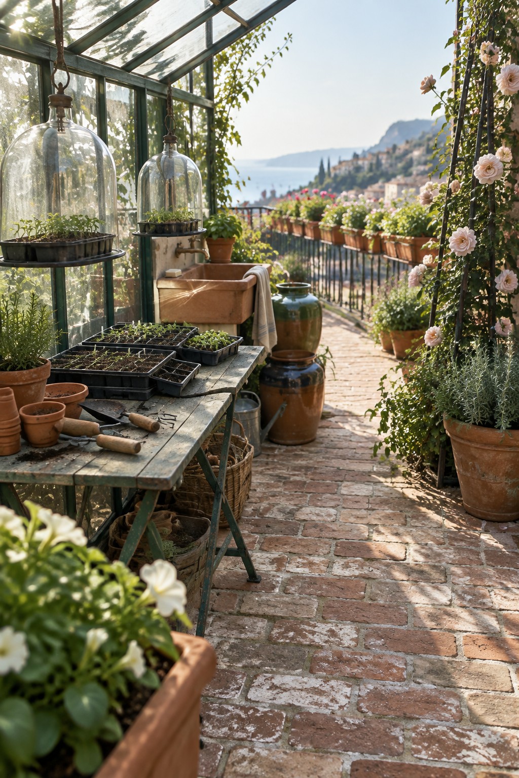 Wooden table with seedlings and tools in greenhouse amid roses and sea view