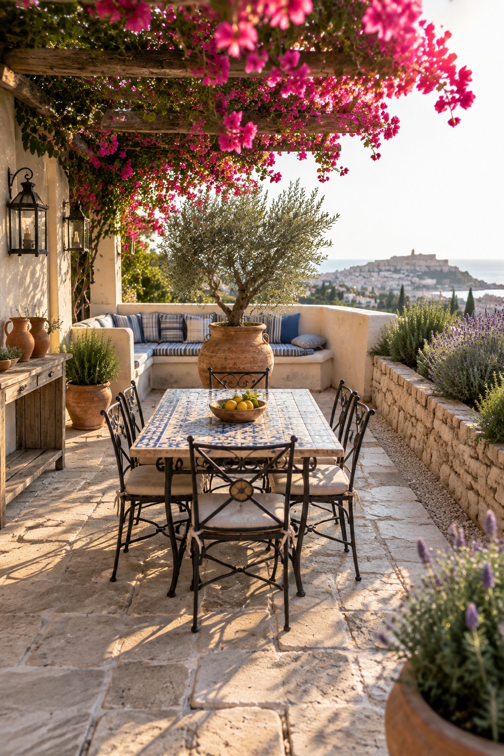 A Mediterranean-style stone terrace features a blue-tiled dining table with black metal chairs, multiple terracotta pots holding plants and an olive tree, a built-in bench, and a wooden pergola draped in pink bougainvillea overlooking the sea.