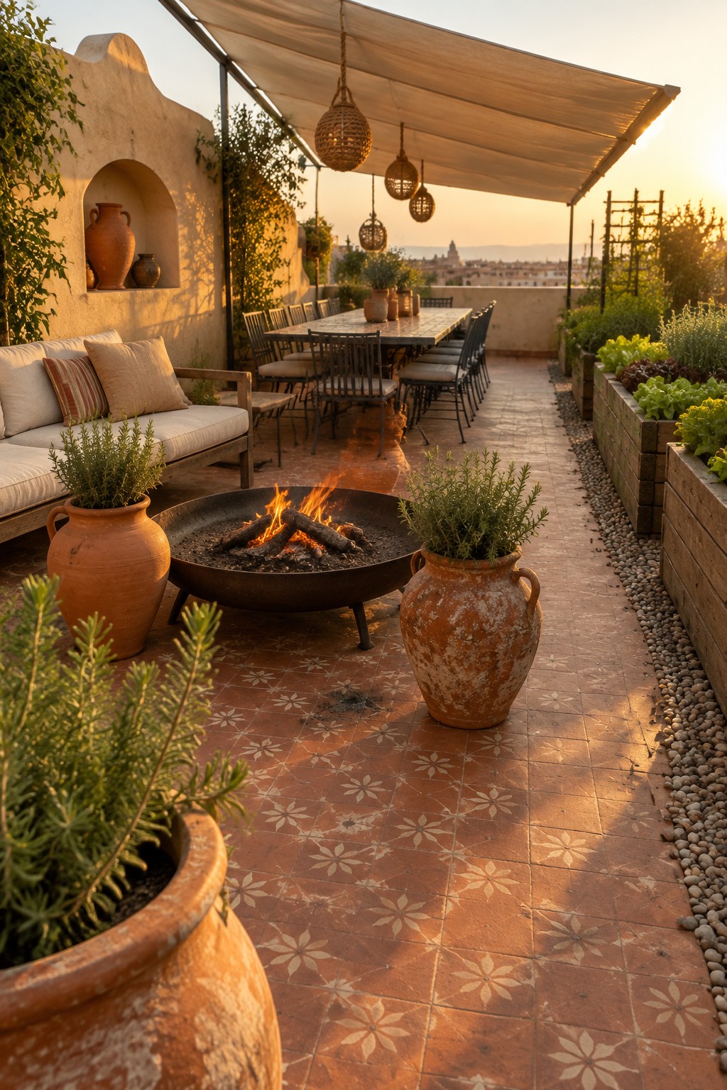 A Mediterranean-style rooftop terrace with a central fire pit, terracotta pots clustered around it, a long dining table under a shade sail, and raised garden beds along one side.