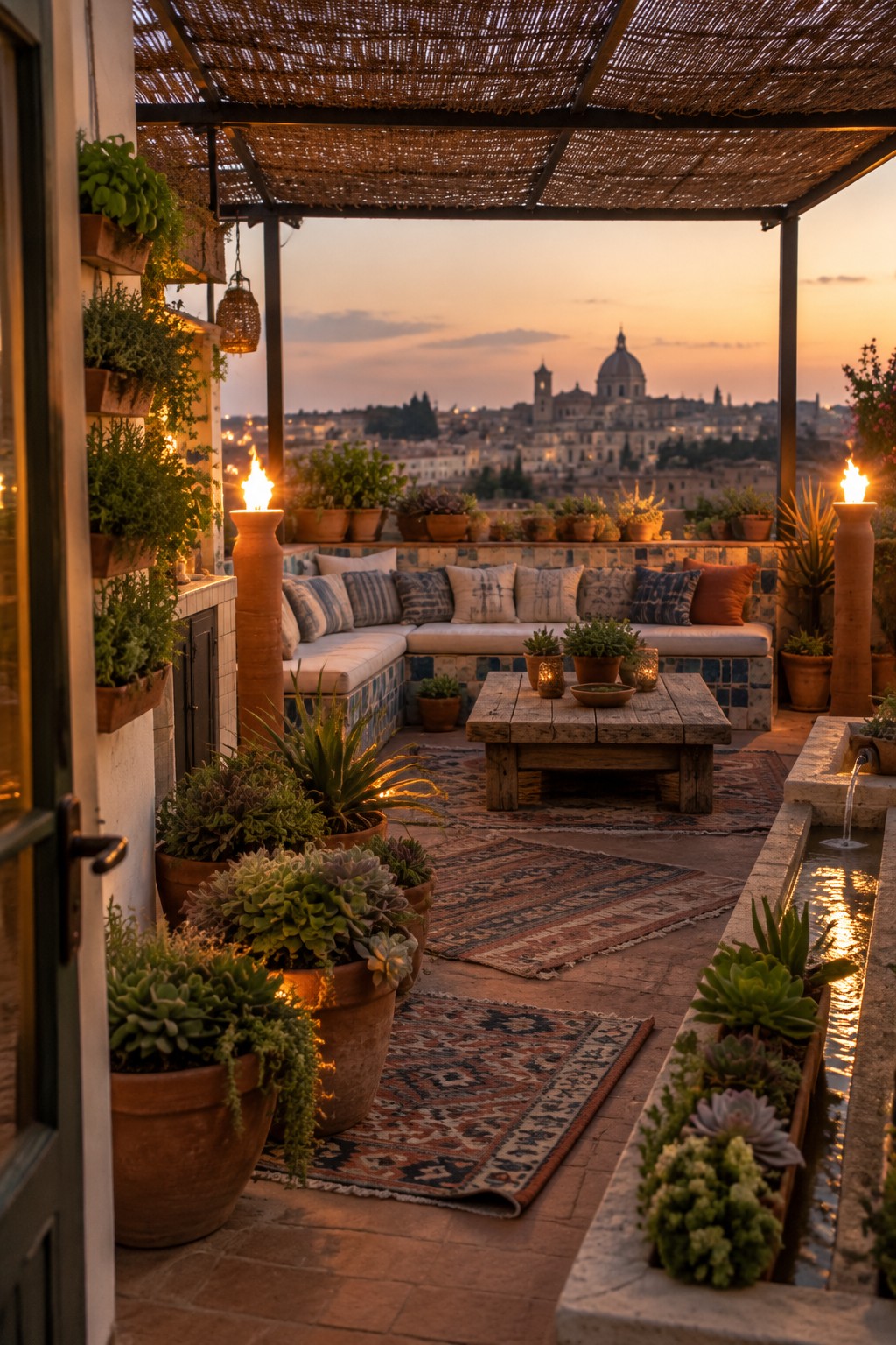 Rooftop terrace at dusk with a cushioned built-in bench, wooden coffee table, many terracotta pots of plants, patterned rugs, and a city view in the background.