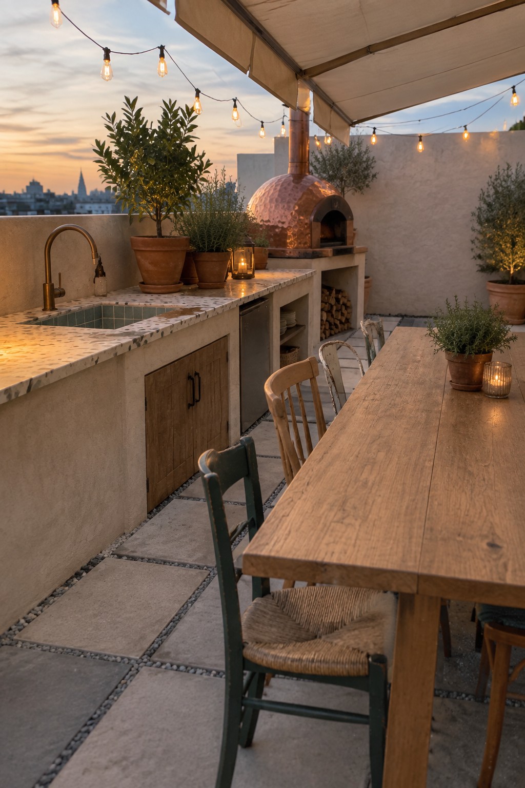 A rooftop terrace at dusk with a long wooden dining table, wooden chairs, an outdoor kitchen counter with sink, a copper pizza oven, and multiple terracotta pots holding plants, all lit by string lights.