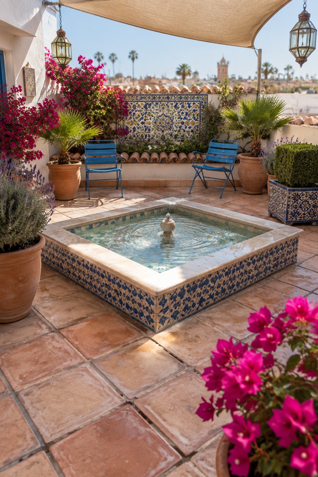 Tiled fountain in sunny patio with blue chairs, pink flowers and terracotta pots
