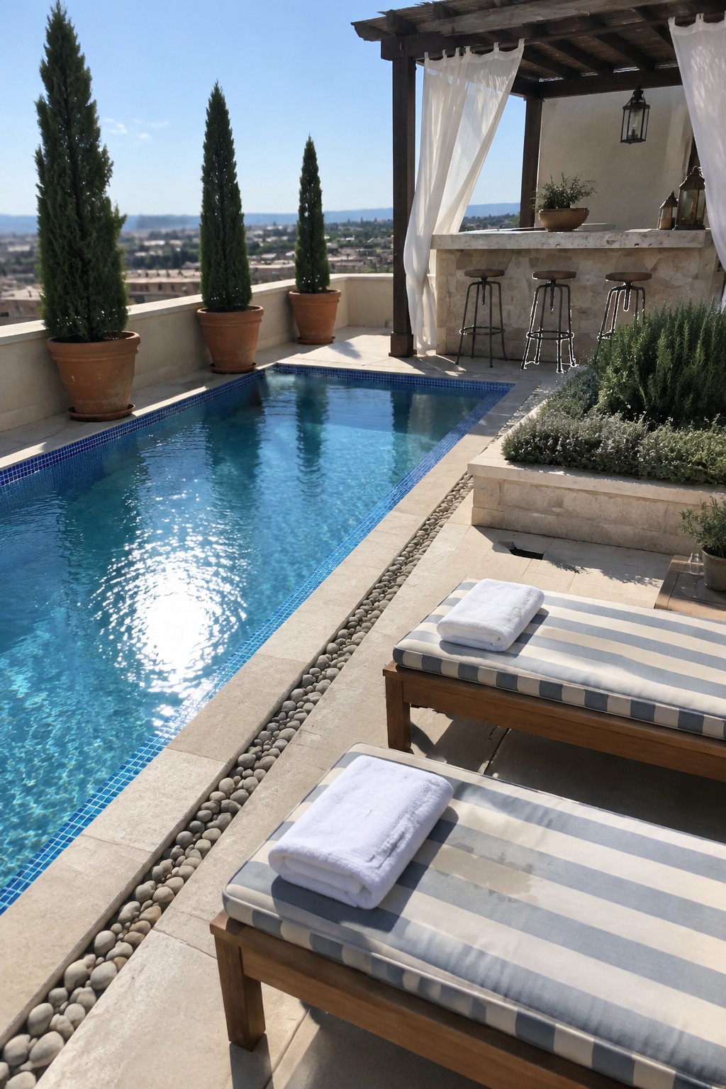 A rooftop terrace with a long pool, striped lounge chairs, a bar under a pergola, and several terracotta pots holding tall cypress trees.