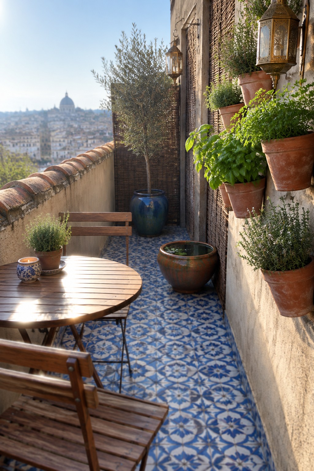 A Mediterranean-style balcony with blue and white patterned tiles, wooden table and chairs, terracotta pots mounted on the wall, and a distant city view.