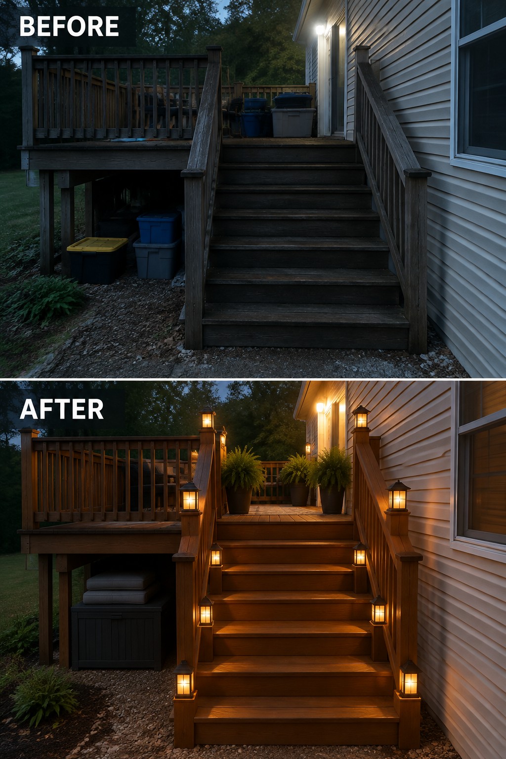 Before-and-after wooden deck stairs with added glowing lanterns and potted plants.