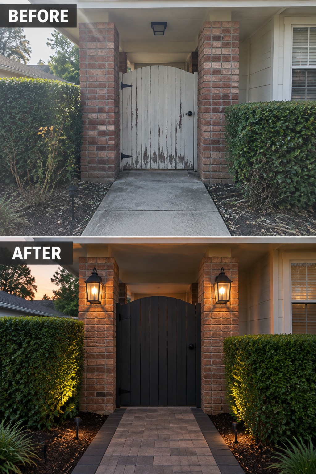 Before and after of brick entrance with white-to-black gate, paver path, and added lights.