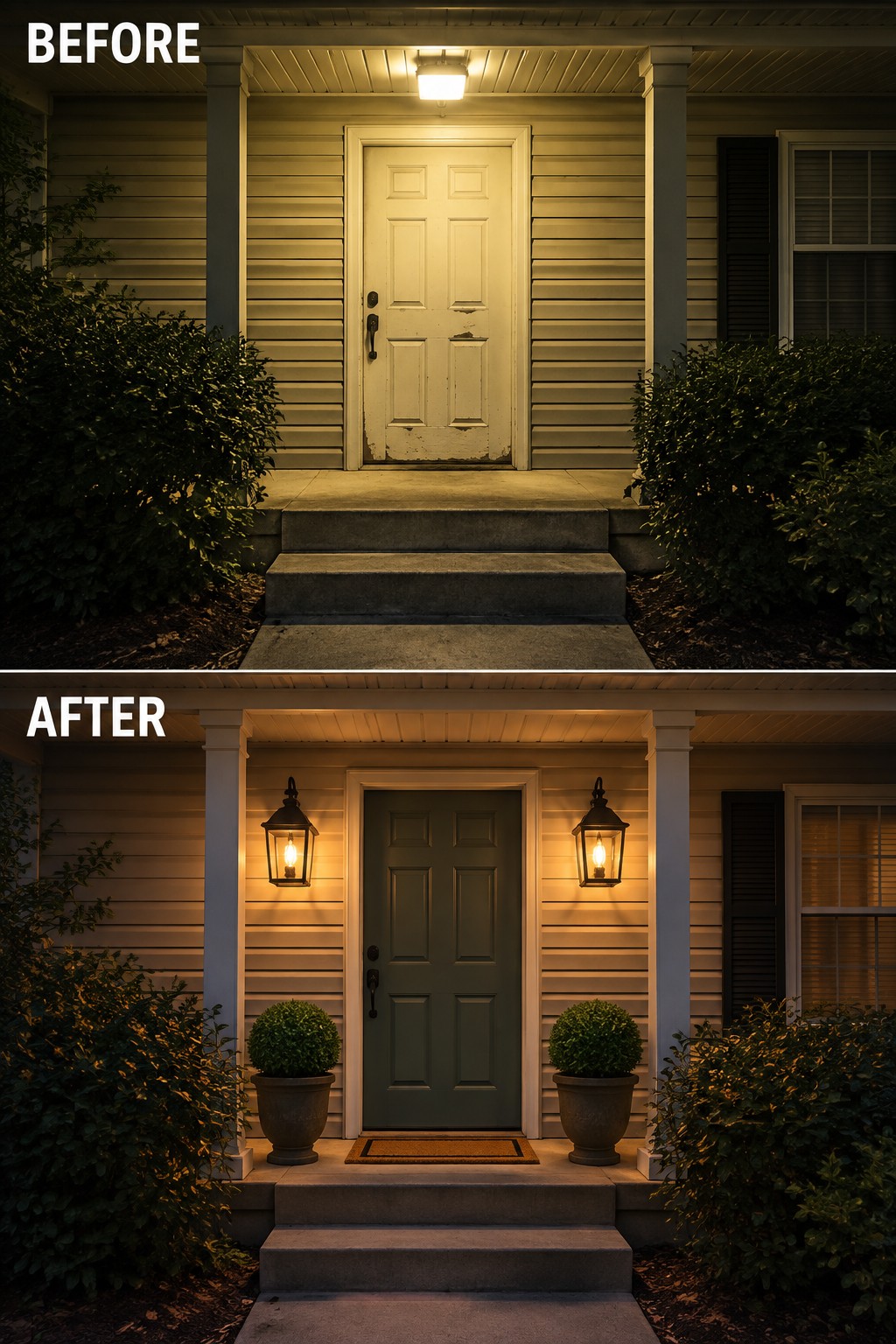 Before-and-after porch renovation with green door, lanterns, and potted plants.