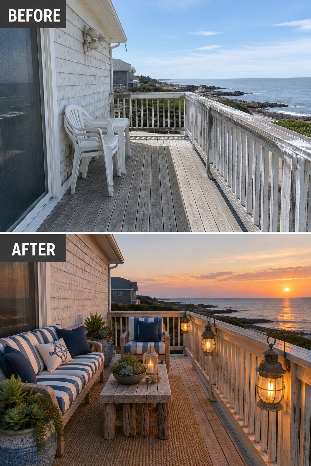 Before and after of coastal deck with added striped sofa, rug, lanterns at sunset