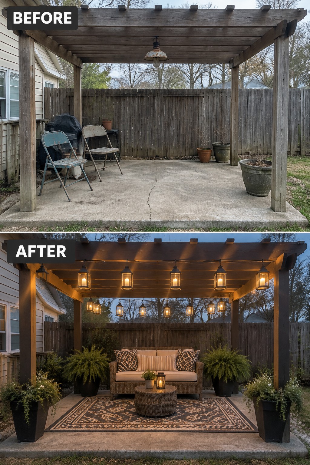 Before-and-after image of a bare concrete patio under a pergola transformed into a furnished outdoor seating area with multiple hanging lanterns and string lights.