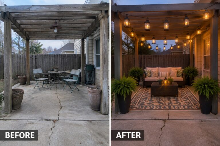 Before-and-after image of a bare concrete patio under a pergola transformed into a furnished outdoor seating area with multiple hanging lanterns and string lights.