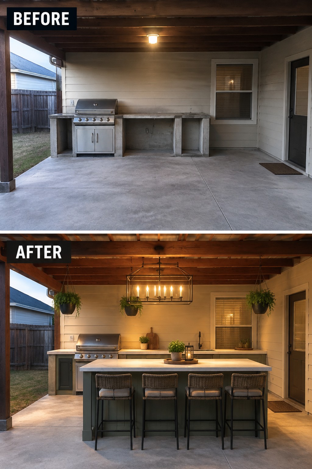 Before and after of patio kitchen remodel with green island and bar stools