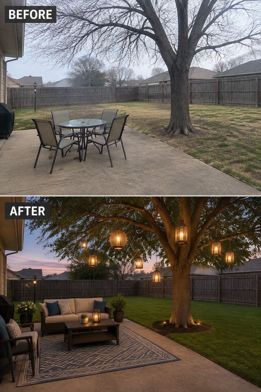 Before and after backyard patio with new furniture, rug, and glowing tree lanterns