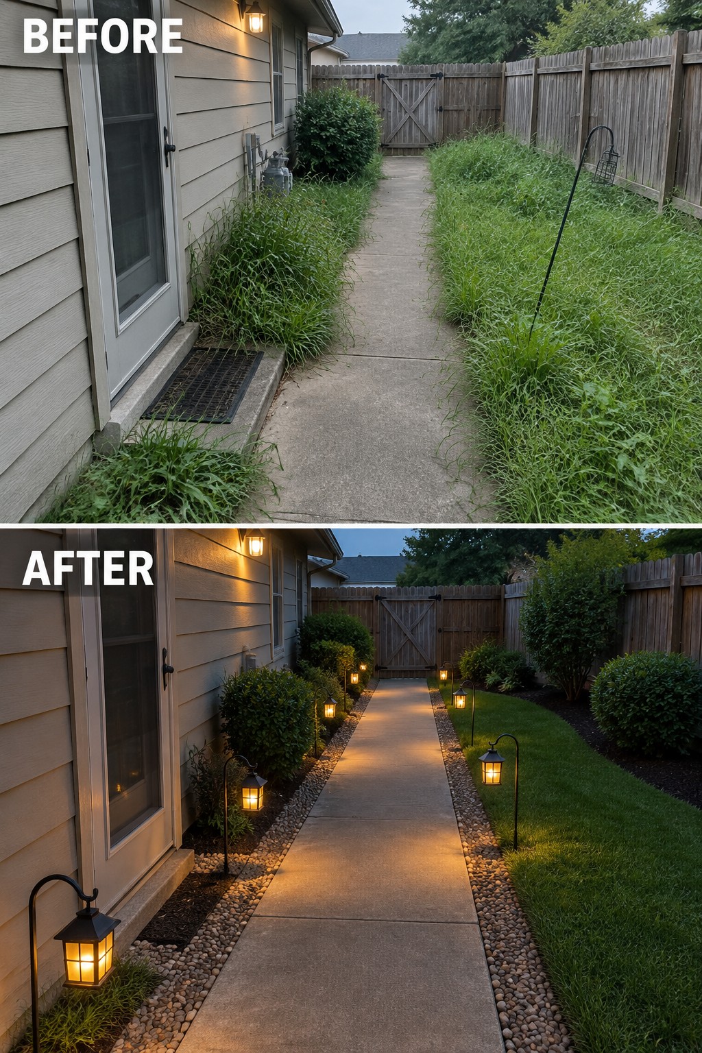 Before and after of narrow concrete path with added lanterns, gravel, and shrubs