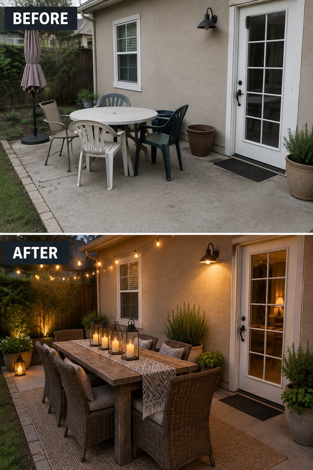 Before and after patio with plastic chairs upgraded to wooden table, string lights, and lanterns