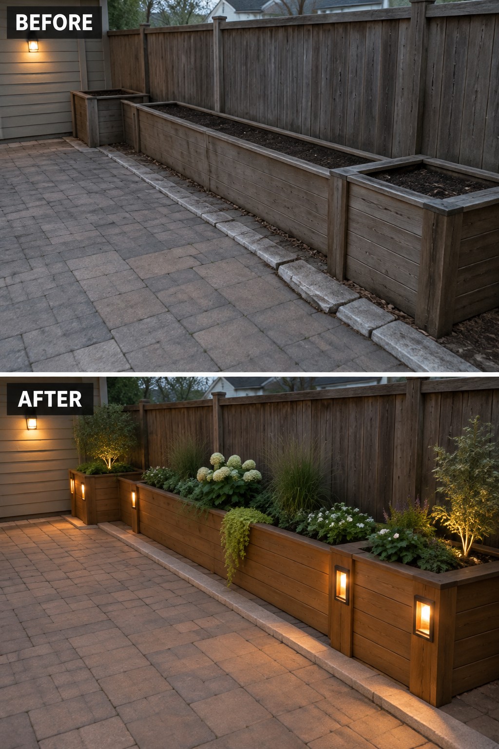 Before-and-after image of a patio with empty wooden planters changed by adding plants and glowing lanterns to the boxes.