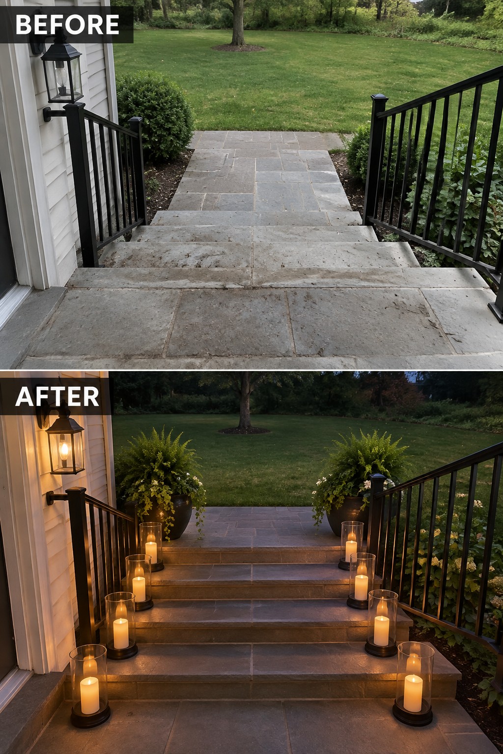 Before-and-after stone steps lined with glowing candle lanterns and potted plants at dusk.