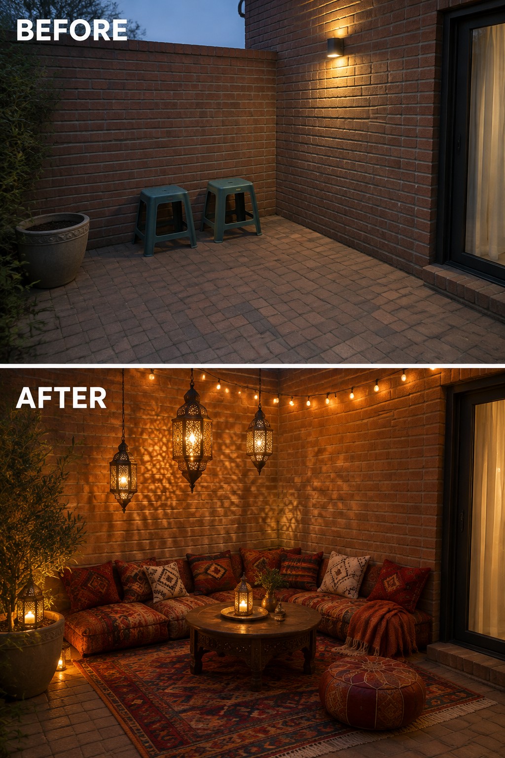 Before-and-after brick patio transformed into cozy lounge with lanterns, cushions and string lights.