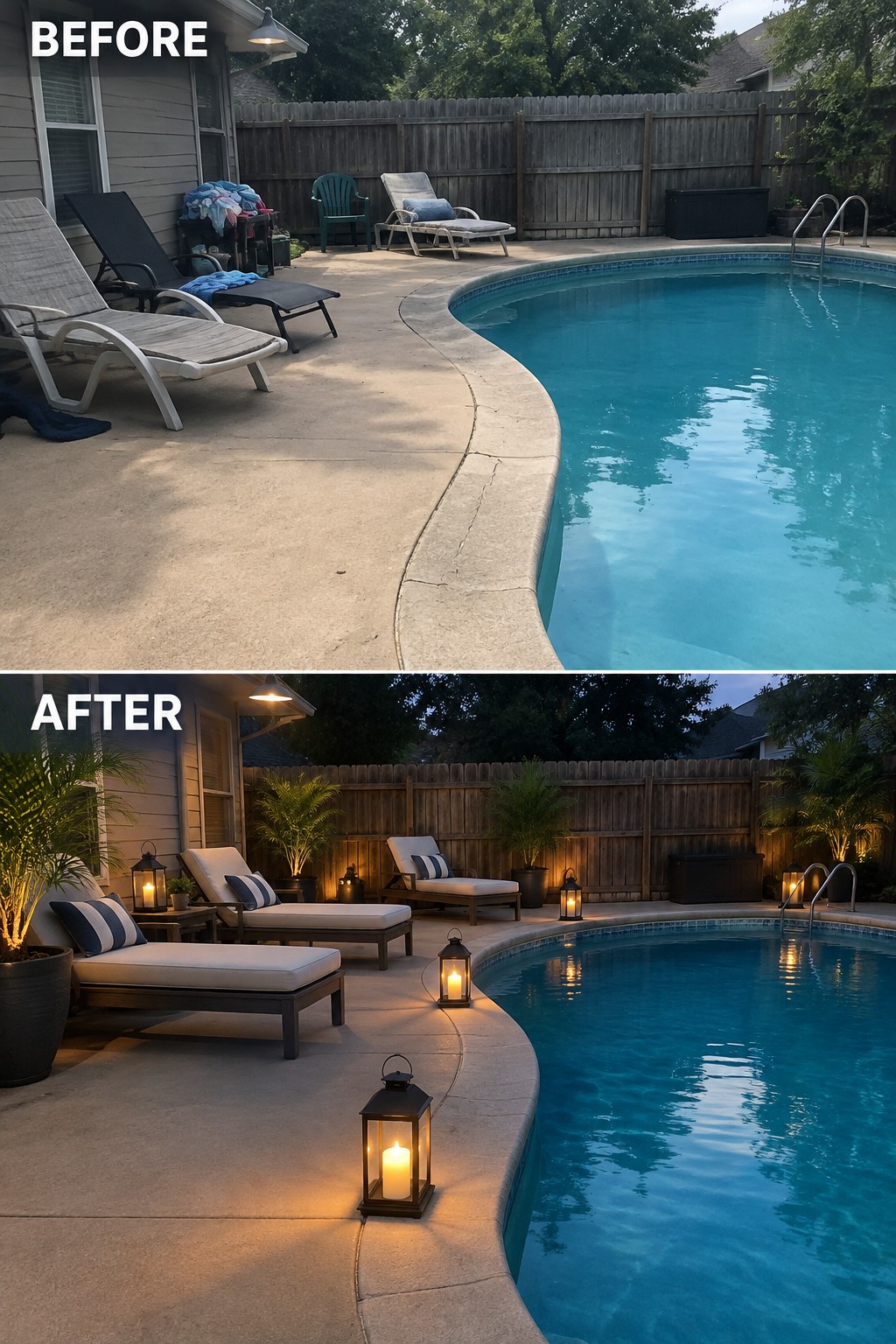 Before and after backyard pool deck with lounge chairs, plants and lanterns