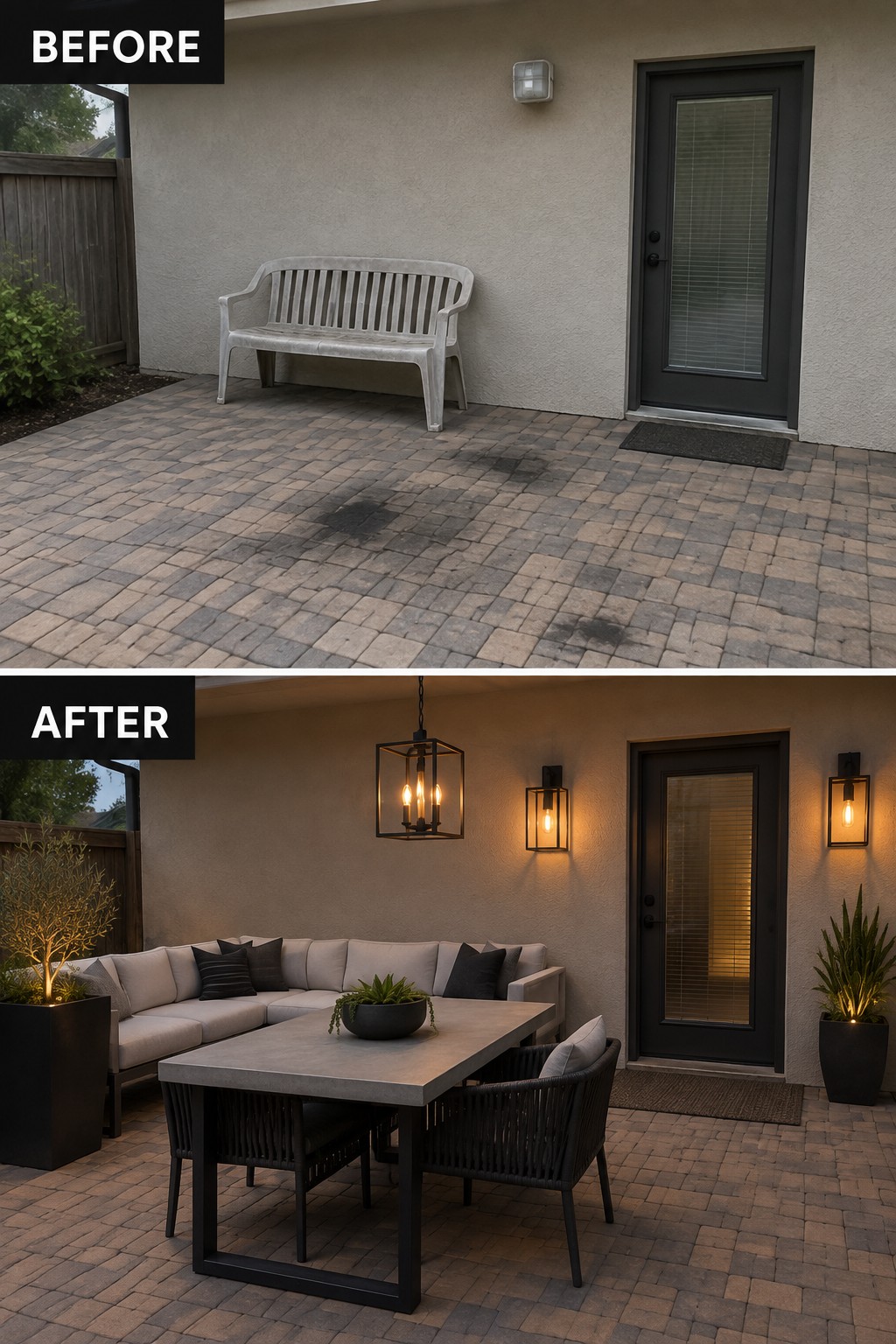 Before-and-after patio: plain bench replaced by modern sofa, table, chairs and glowing lights.