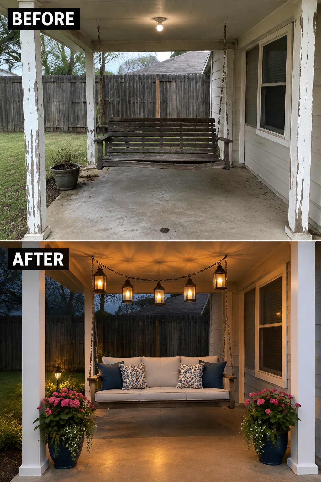 Before-and-after image of a bare porch with a wooden swing updated with hanging lanterns, cushions, and potted plants.