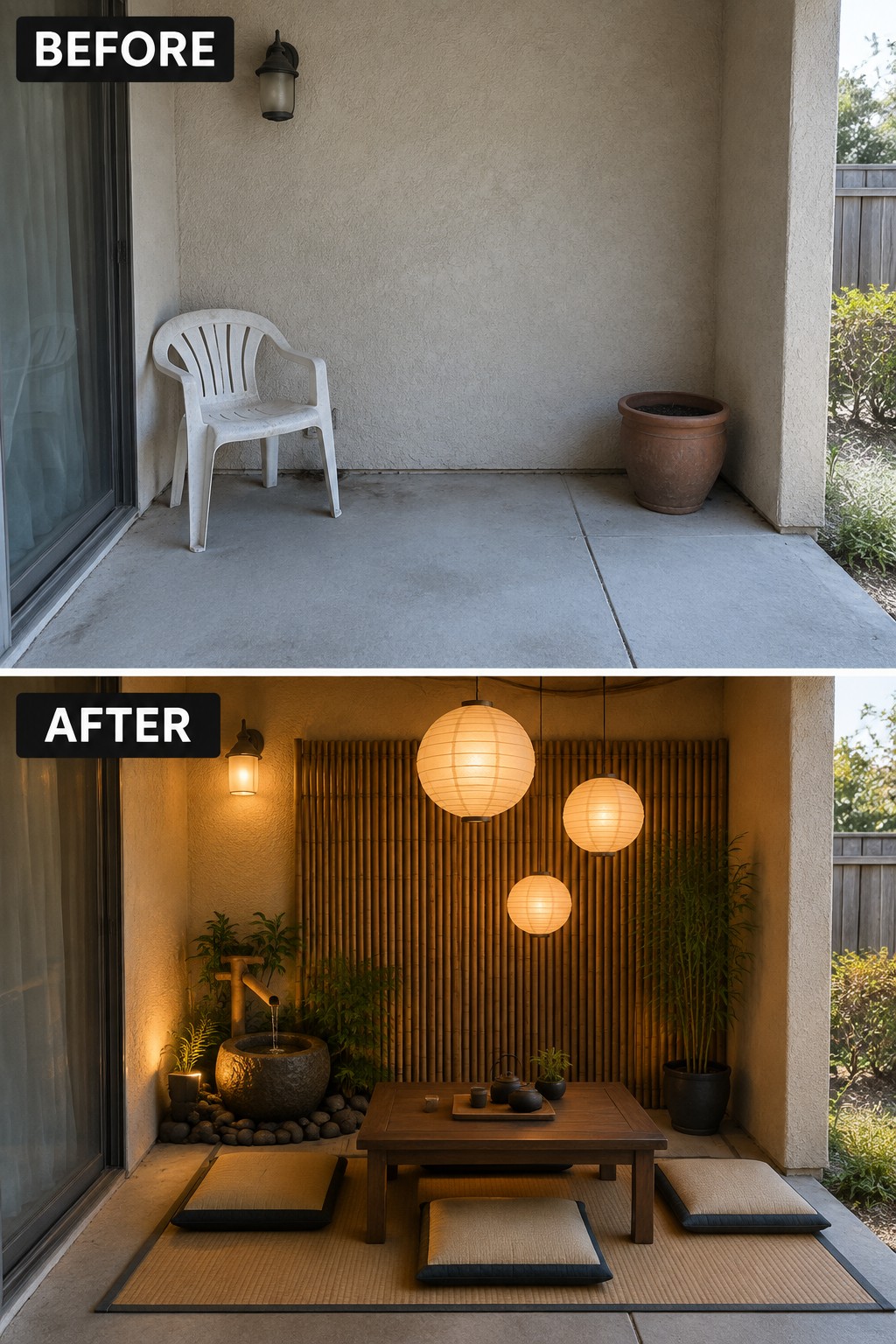 Before-and-after patio transformed into Japanese zen garden with lanterns, tea table, and bamboo wall