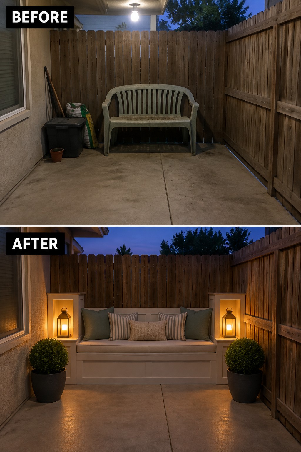 Before and after patio renovation with built-in bench, cushions, plants and glowing lanterns.