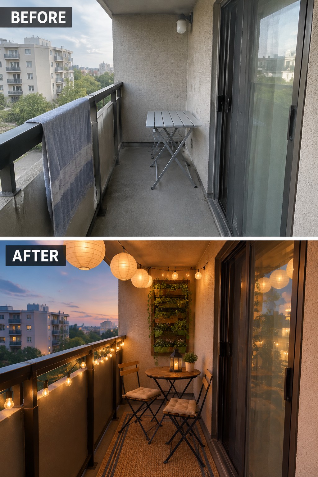 Before and after of balcony with lights, vertical garden, rug and cozy seating