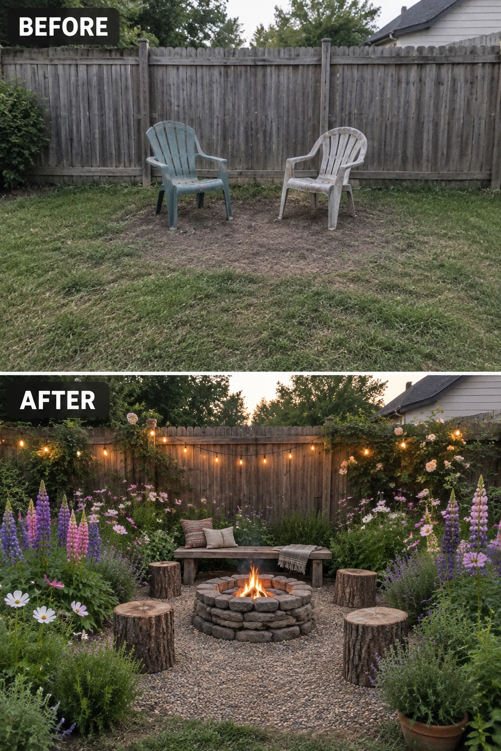 Backyard before with two plastic chairs, after with fire pit, flowers and lights