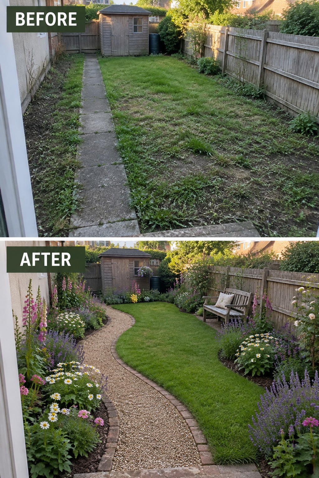 Before and after garden makeover with flowers, bench, and curved gravel path.