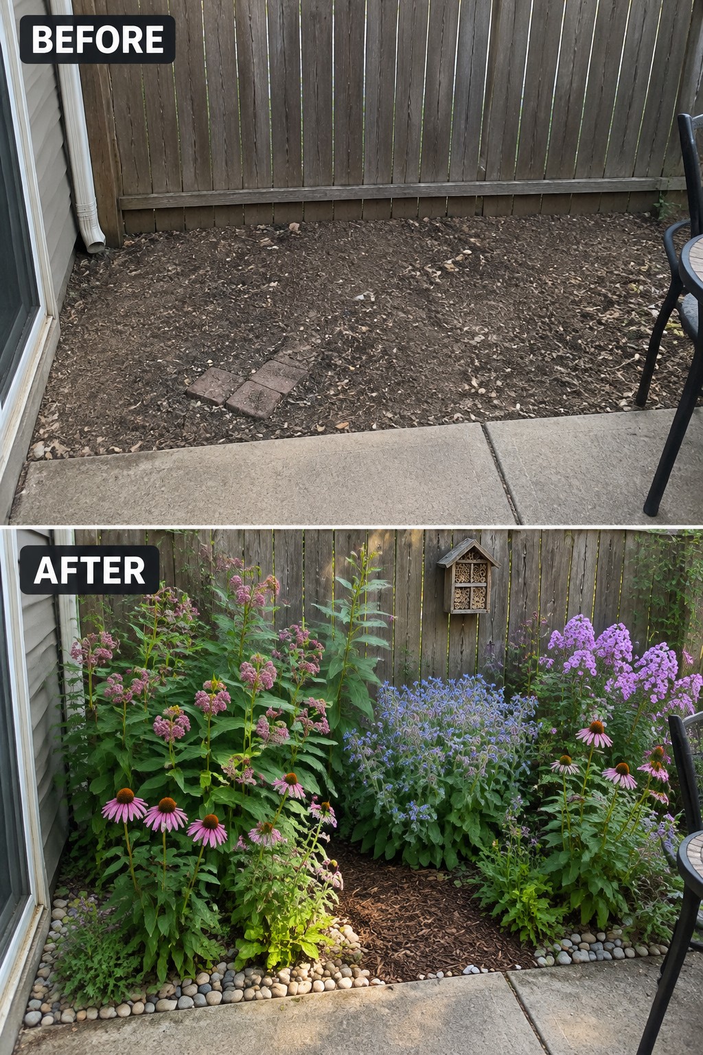 Before barren dirt yard transformed into vibrant garden with pink purple blue flowers