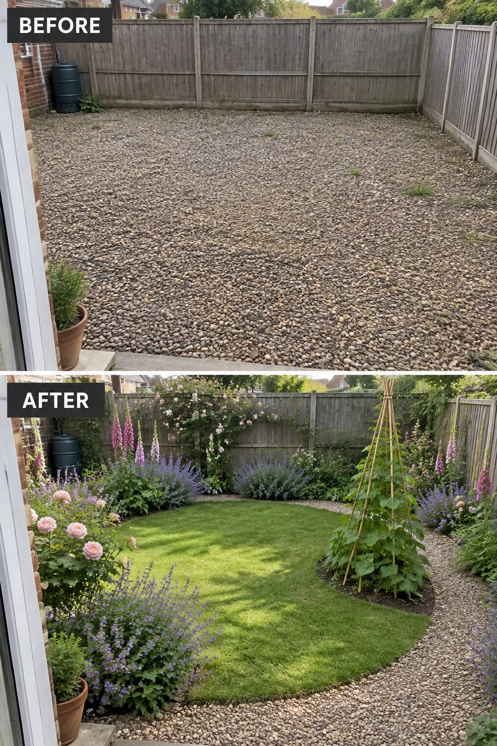 Backyard before and after: gravel yard transformed into lawn with flowers and trellis