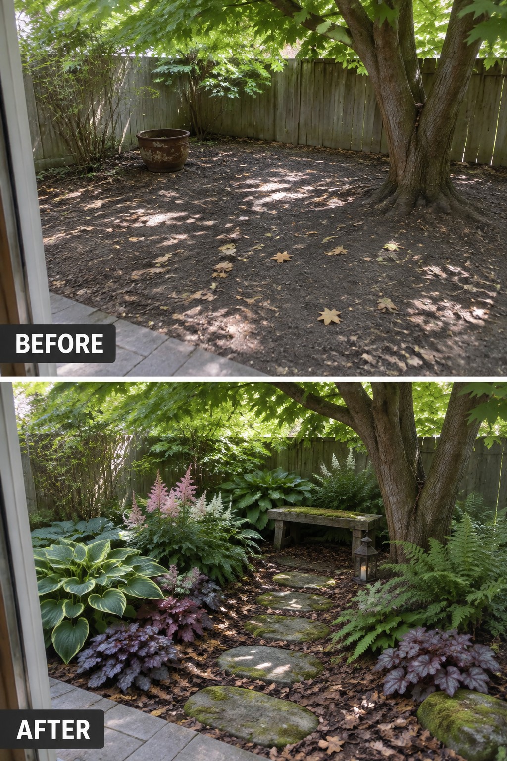 Before and after backyard makeover from bare dirt to lush garden with stone path.