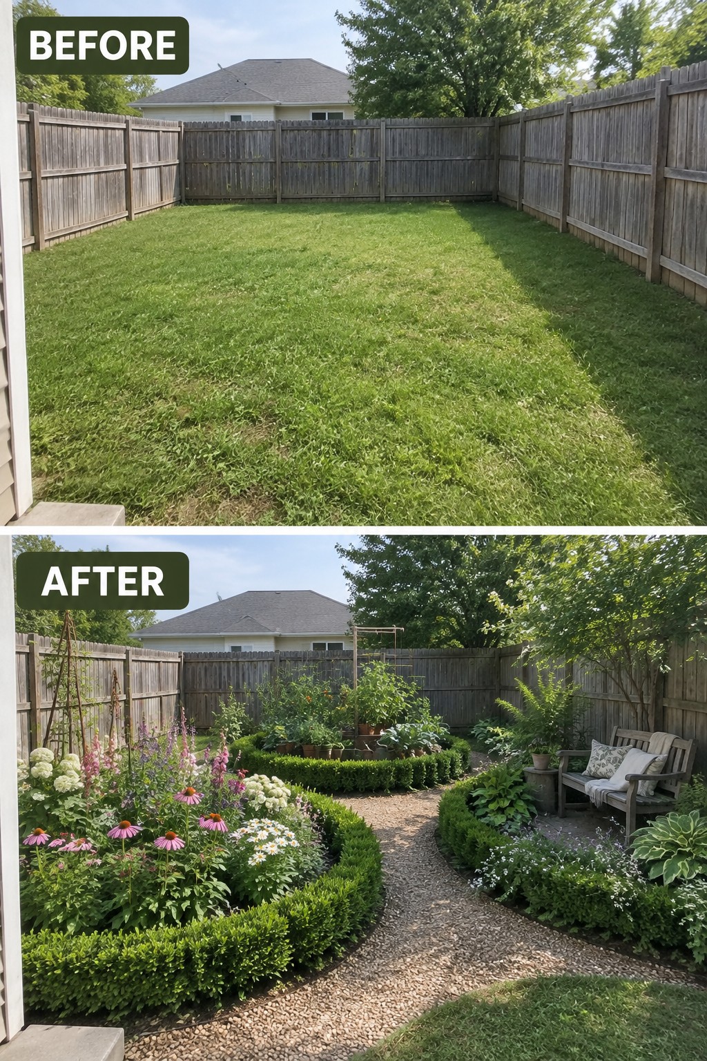 Before-and-after backyard from plain lawn to flower garden with gravel path and bench.