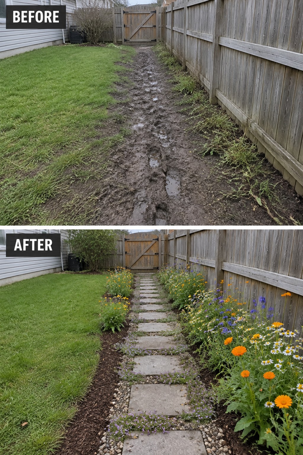 Before and after of muddy path transformed into flower-lined stone walkway.