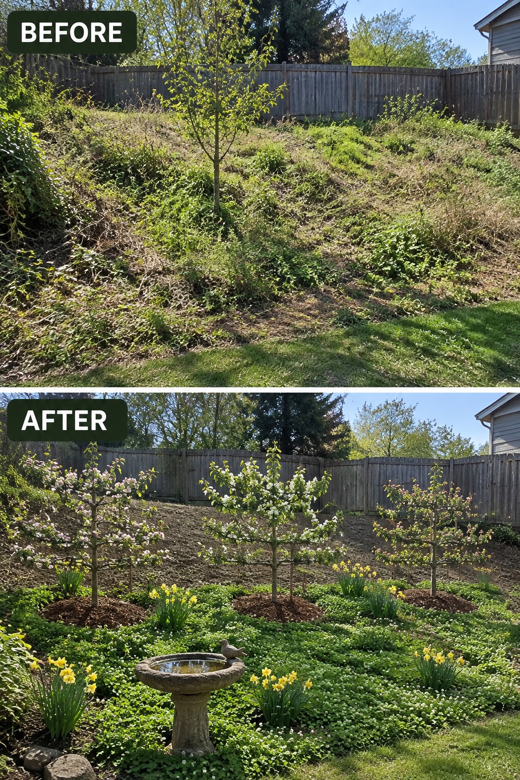 Before and after sloped backyard transformed from weeds to blooming trees and garden.
