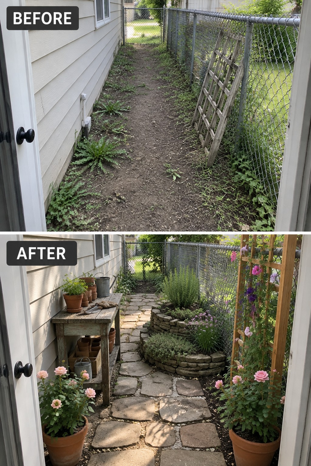 Before-and-after image of an overgrown side yard with a dirt path changed into a stone walkway lined with raised garden beds, potted plants, and a flowering trellis.