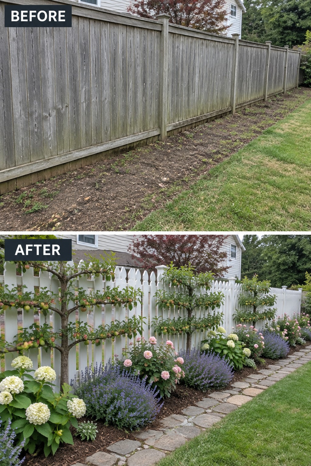 Before-and-after backyard fence: weathered wood to white picket with flowers and stone path.