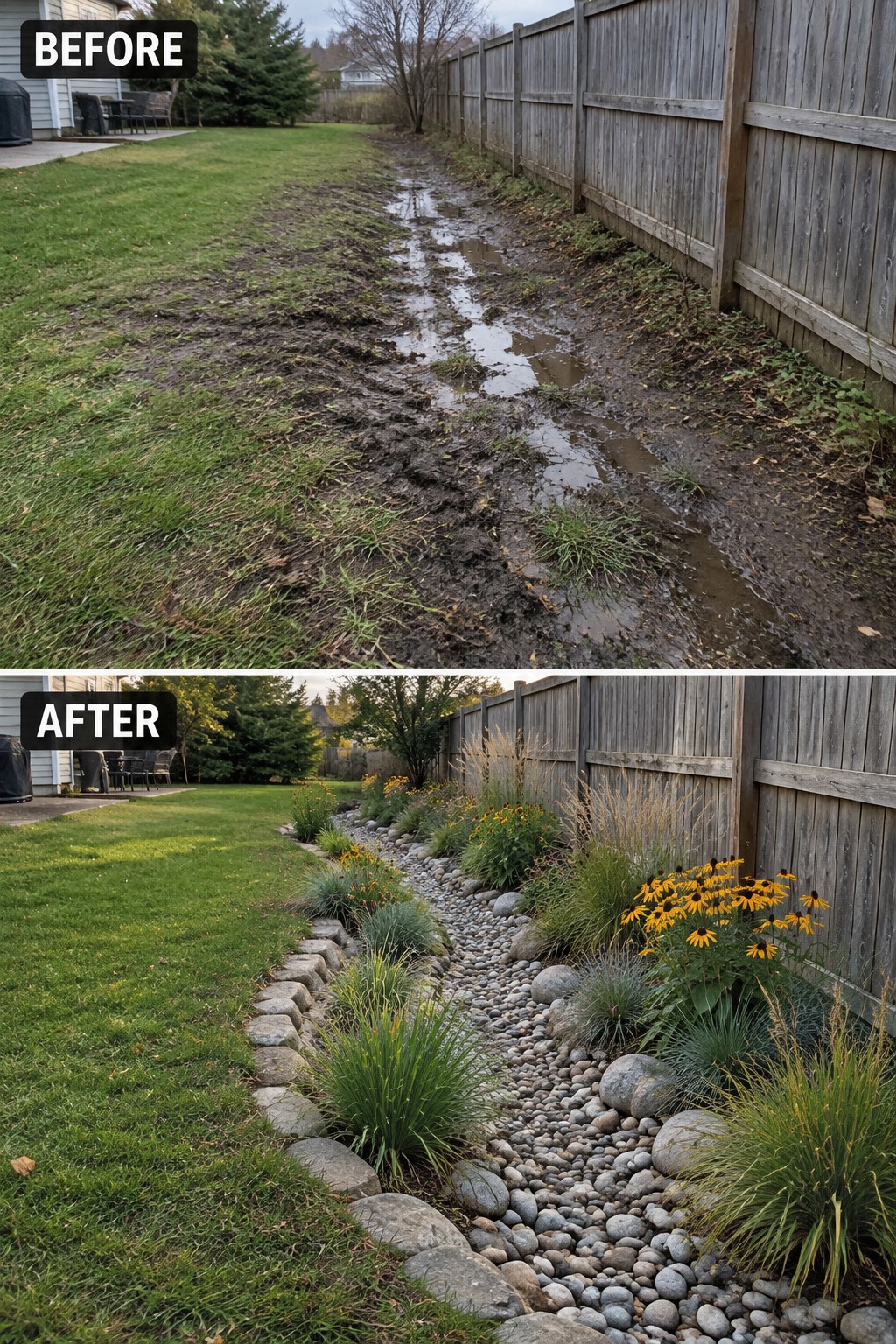 Before-and-after image of a muddy backyard strip next to a fence changed into a gravel garden bed bordered with stones and planted with grasses and yellow flowers.