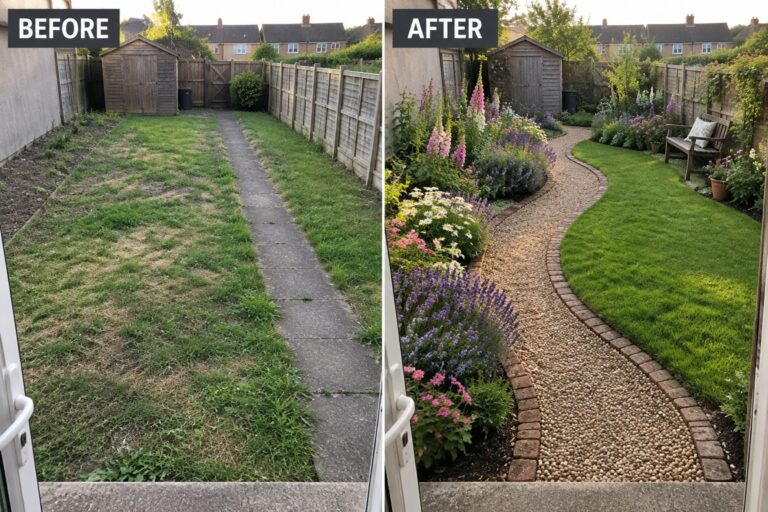 Before and after garden makeover with flowers, bench, and curved gravel path.