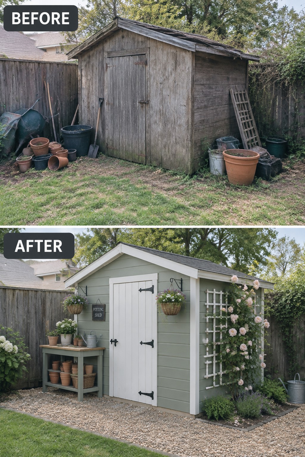Before-and-after of weathered shed transformed into painted green garden shed with roses and potted plants.