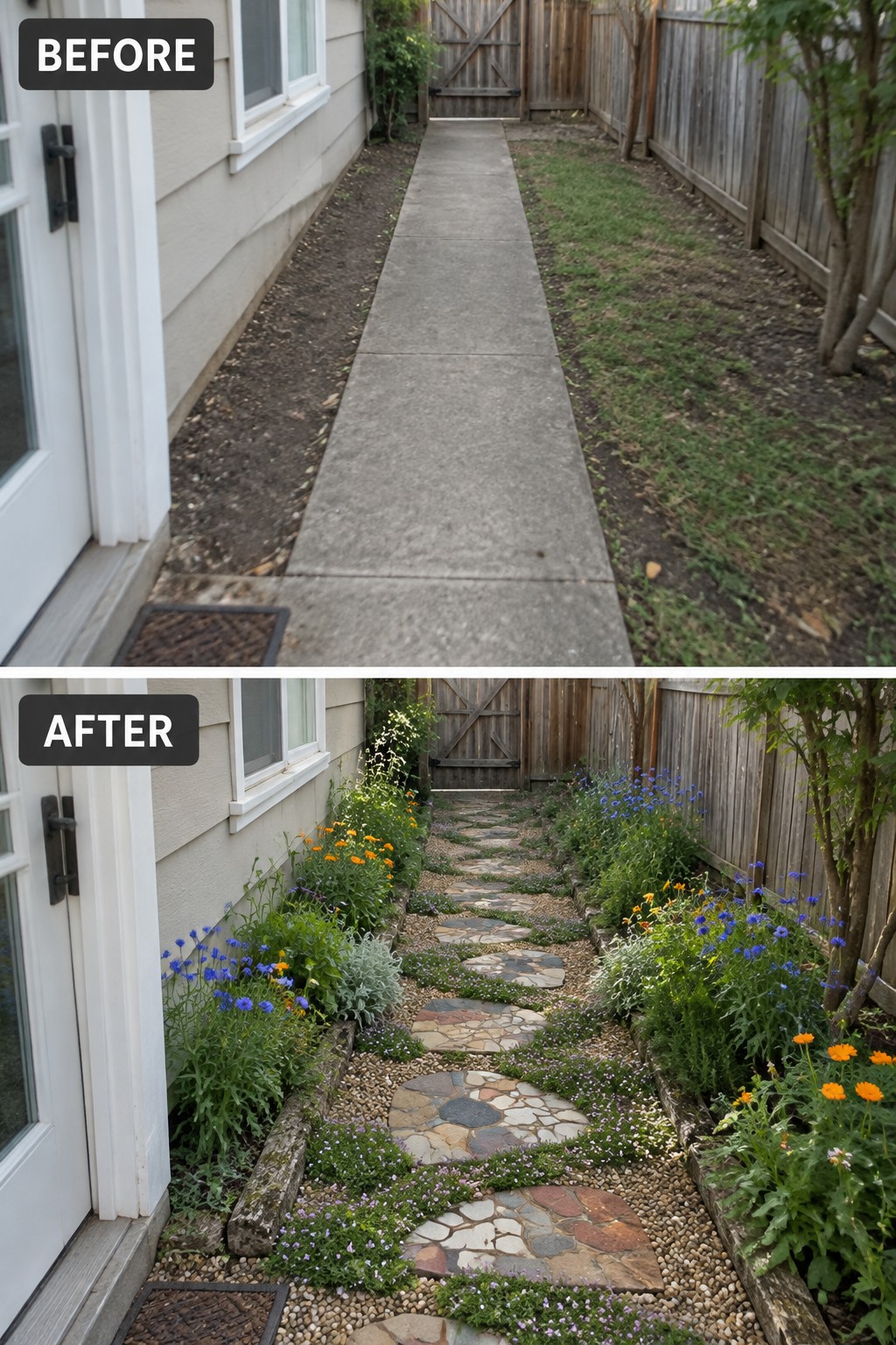 Before-and-after image of a concrete backyard path changed into a stepping-stone walkway with gravel and planted garden borders on both sides.